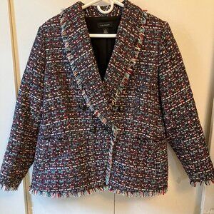 Halogen Black Multicolored Tweed Shawl Collar Fringe Blazer LP